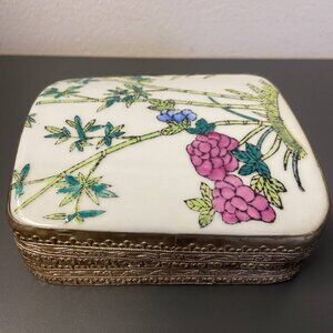 Trinket Box Vintage Asian Porcelain and Silver Plated